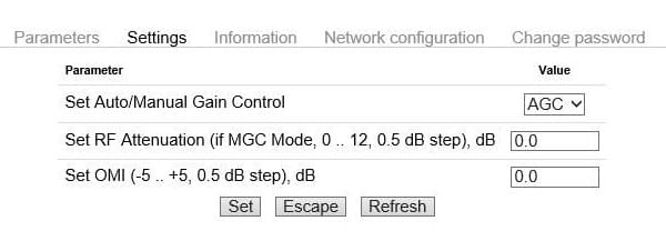 Premlink optical transmitter Web GUI management interface showing real-time OMI percentage and AGC status settings